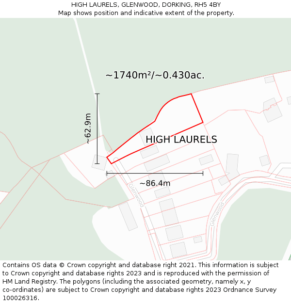 HIGH LAURELS, GLENWOOD, DORKING, RH5 4BY: Plot and title map