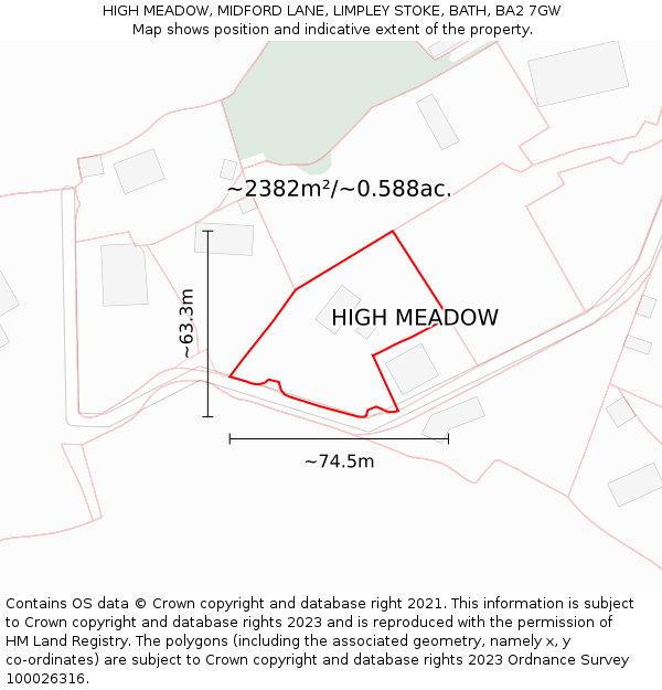 HIGH MEADOW, MIDFORD LANE, LIMPLEY STOKE, BATH, BA2 7GW: Plot and title map