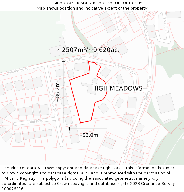 HIGH MEADOWS, MADEN ROAD, BACUP, OL13 8HY: Plot and title map