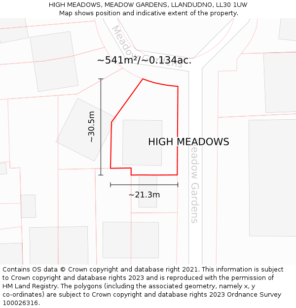 HIGH MEADOWS, MEADOW GARDENS, LLANDUDNO, LL30 1UW: Plot and title map