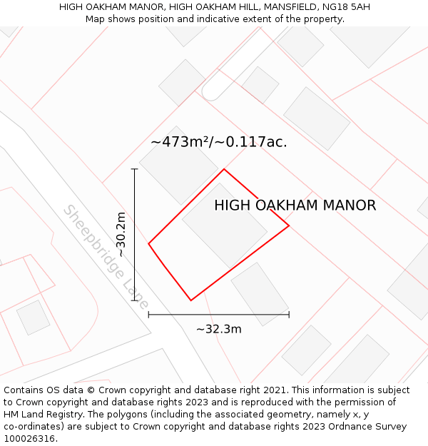 HIGH OAKHAM MANOR, HIGH OAKHAM HILL, MANSFIELD, NG18 5AH: Plot and title map