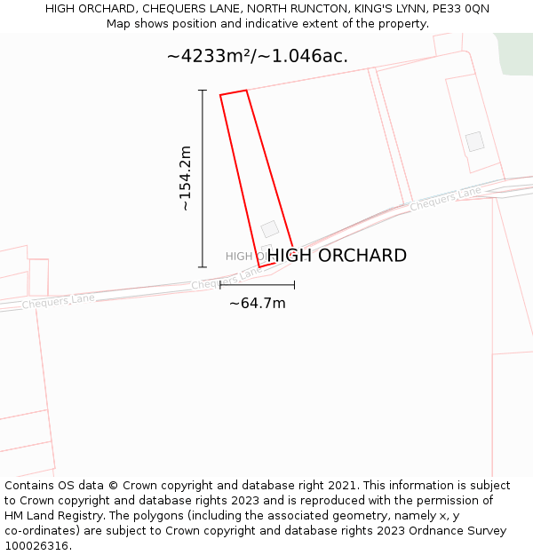 HIGH ORCHARD, CHEQUERS LANE, NORTH RUNCTON, KING'S LYNN, PE33 0QN: Plot and title map