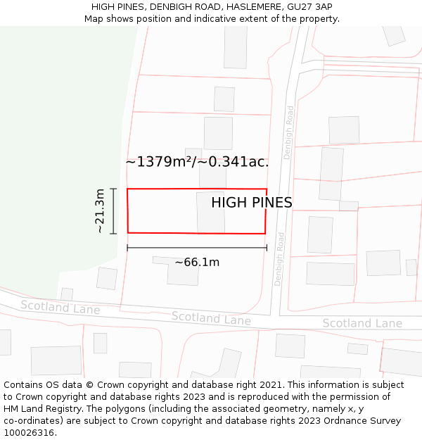 HIGH PINES, DENBIGH ROAD, HASLEMERE, GU27 3AP: Plot and title map