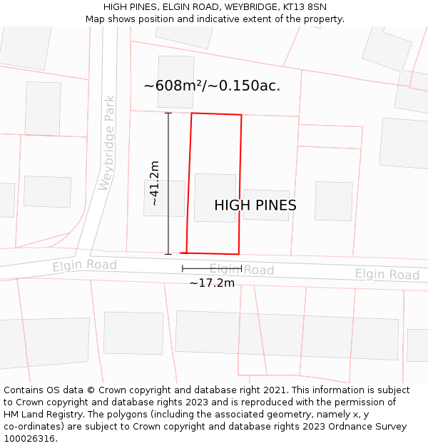 HIGH PINES, ELGIN ROAD, WEYBRIDGE, KT13 8SN: Plot and title map