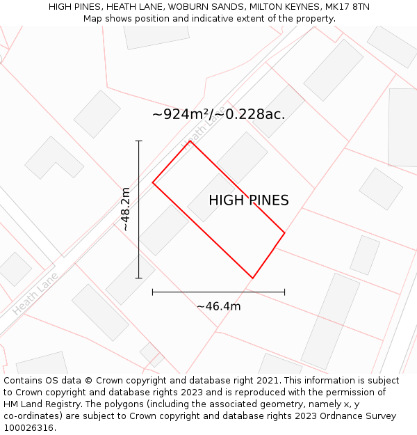 HIGH PINES, HEATH LANE, WOBURN SANDS, MILTON KEYNES, MK17 8TN: Plot and title map