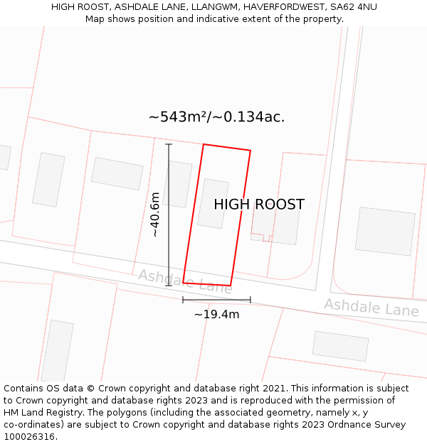 HIGH ROOST, ASHDALE LANE, LLANGWM, HAVERFORDWEST, SA62 4NU: Plot and title map