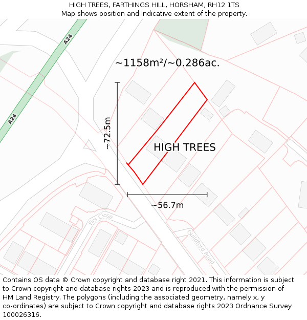 HIGH TREES, FARTHINGS HILL, HORSHAM, RH12 1TS: Plot and title map