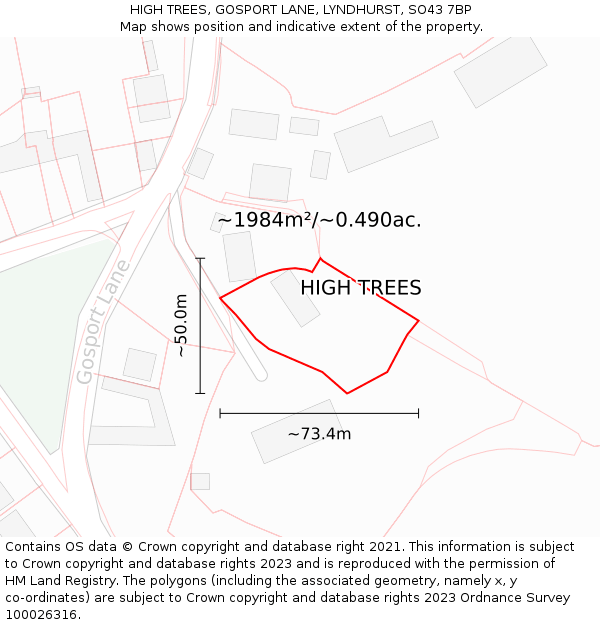 HIGH TREES, GOSPORT LANE, LYNDHURST, SO43 7BP: Plot and title map