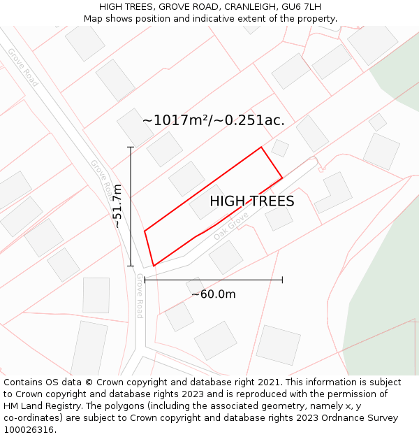 HIGH TREES, GROVE ROAD, CRANLEIGH, GU6 7LH: Plot and title map