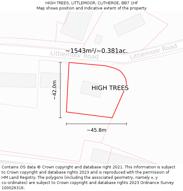 HIGH TREES, LITTLEMOOR, CLITHEROE, BB7 1HF: Plot and title map