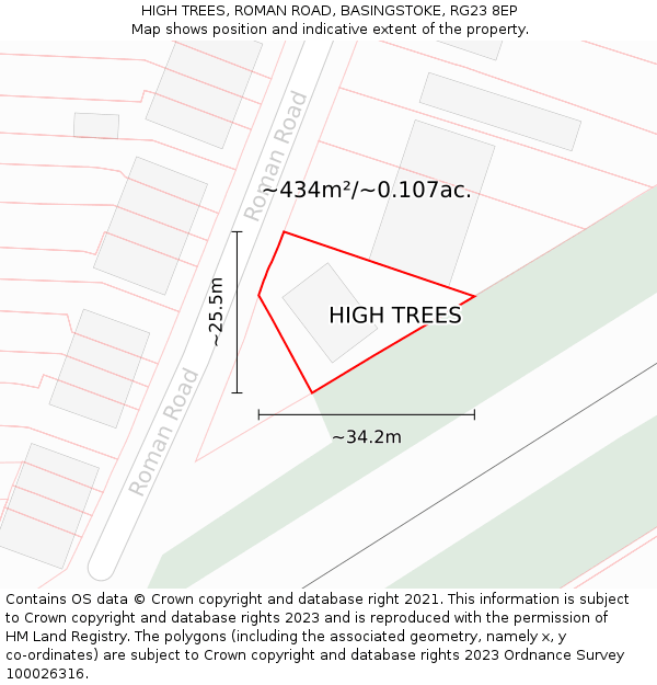 HIGH TREES, ROMAN ROAD, BASINGSTOKE, RG23 8EP: Plot and title map