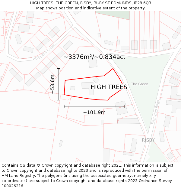 HIGH TREES, THE GREEN, RISBY, BURY ST EDMUNDS, IP28 6QR: Plot and title map