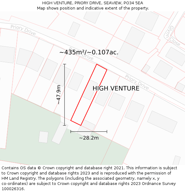 HIGH VENTURE, PRIORY DRIVE, SEAVIEW, PO34 5EA: Plot and title map