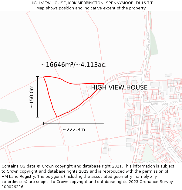 HIGH VIEW HOUSE, KIRK MERRINGTON, SPENNYMOOR, DL16 7JT: Plot and title map