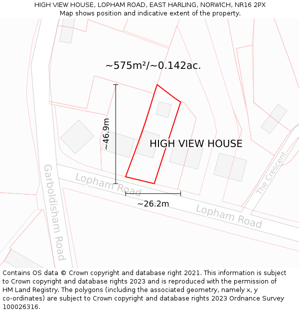 HIGH VIEW HOUSE, LOPHAM ROAD, EAST HARLING, NORWICH, NR16 2PX: Plot and title map