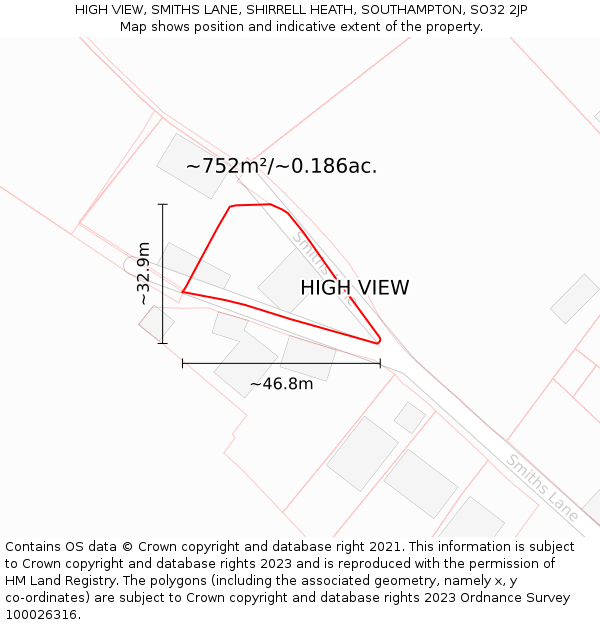 HIGH VIEW, SMITHS LANE, SHIRRELL HEATH, SOUTHAMPTON, SO32 2JP: Plot and title map