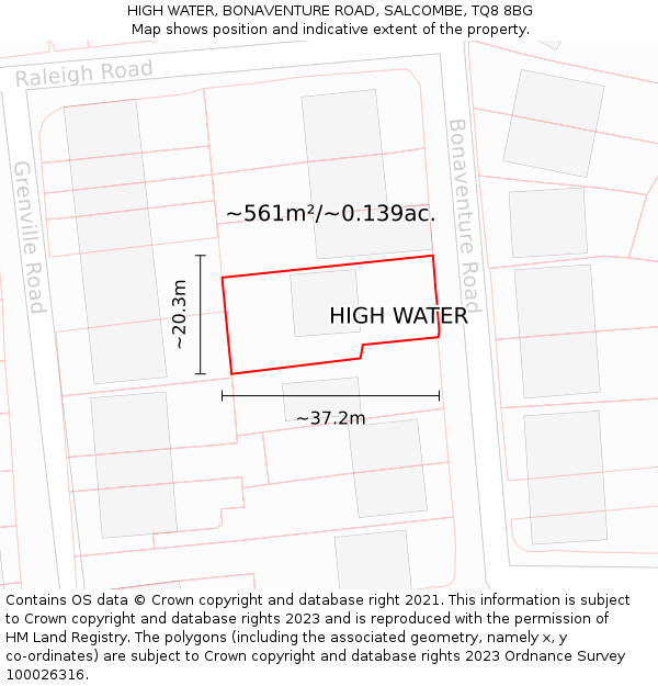 HIGH WATER, BONAVENTURE ROAD, SALCOMBE, TQ8 8BG: Plot and title map