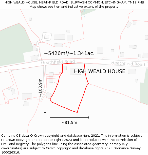 HIGH WEALD HOUSE, HEATHFIELD ROAD, BURWASH COMMON, ETCHINGHAM, TN19 7NB: Plot and title map