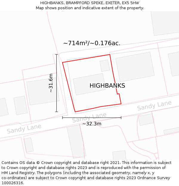 HIGHBANKS, BRAMPFORD SPEKE, EXETER, EX5 5HW: Plot and title map