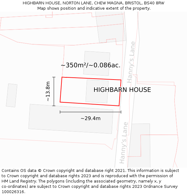 HIGHBARN HOUSE, NORTON LANE, CHEW MAGNA, BRISTOL, BS40 8RW: Plot and title map