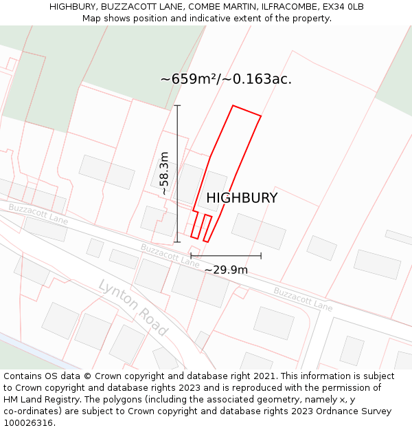 HIGHBURY, BUZZACOTT LANE, COMBE MARTIN, ILFRACOMBE, EX34 0LB: Plot and title map