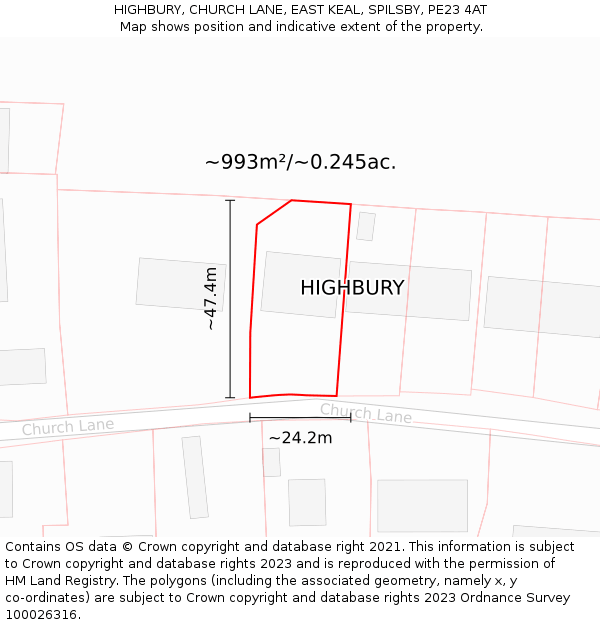 HIGHBURY, CHURCH LANE, EAST KEAL, SPILSBY, PE23 4AT: Plot and title map