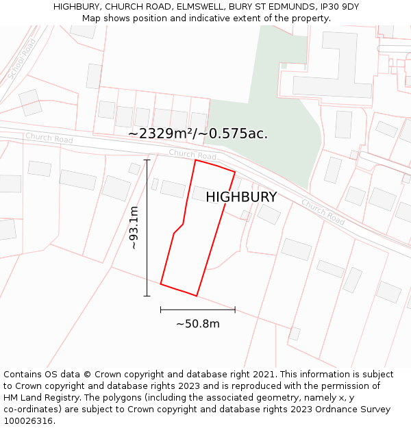 HIGHBURY, CHURCH ROAD, ELMSWELL, BURY ST EDMUNDS, IP30 9DY: Plot and title map