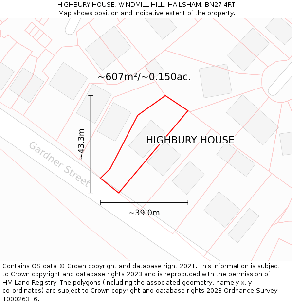 HIGHBURY HOUSE, WINDMILL HILL, HAILSHAM, BN27 4RT: Plot and title map