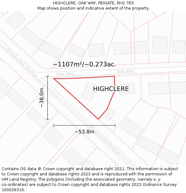HIGHCLERE, OAK WAY, REIGATE, RH2 7ES: Plot and title map