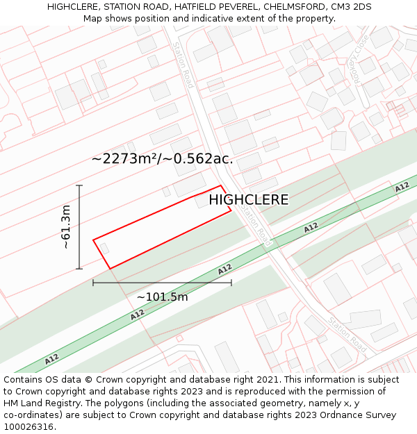 HIGHCLERE, STATION ROAD, HATFIELD PEVEREL, CHELMSFORD, CM3 2DS: Plot and title map