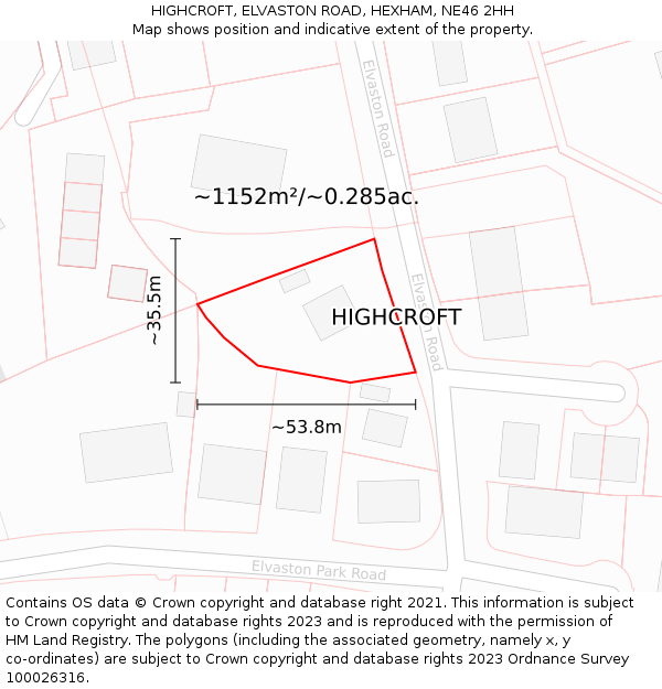 HIGHCROFT, ELVASTON ROAD, HEXHAM, NE46 2HH: Plot and title map