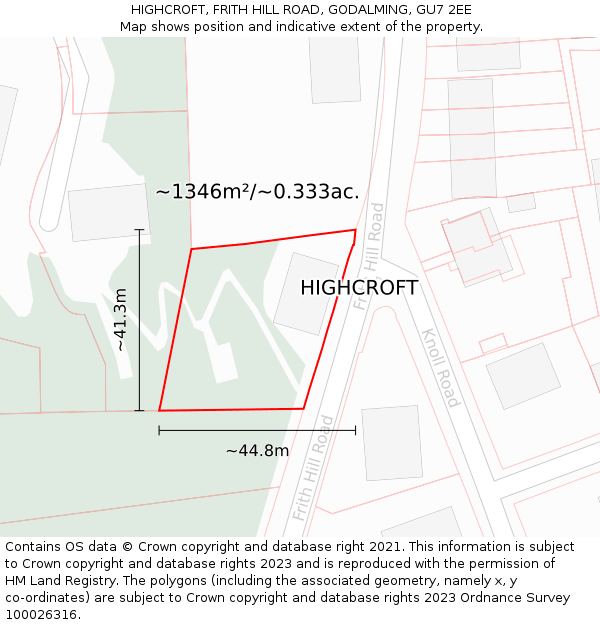 HIGHCROFT, FRITH HILL ROAD, GODALMING, GU7 2EE: Plot and title map