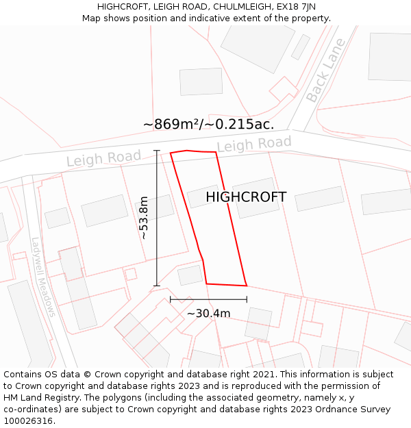 HIGHCROFT, LEIGH ROAD, CHULMLEIGH, EX18 7JN: Plot and title map
