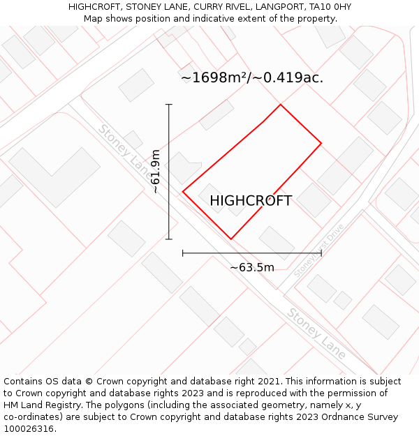 HIGHCROFT, STONEY LANE, CURRY RIVEL, LANGPORT, TA10 0HY: Plot and title map