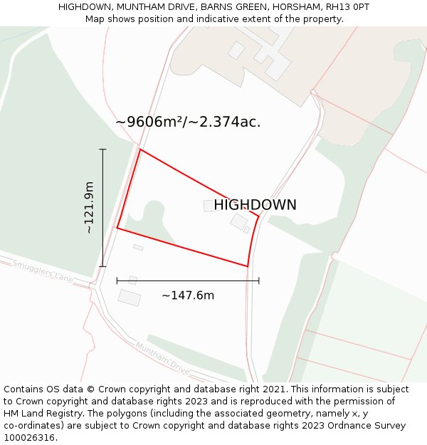 HIGHDOWN, MUNTHAM DRIVE, BARNS GREEN, HORSHAM, RH13 0PT: Plot and title map
