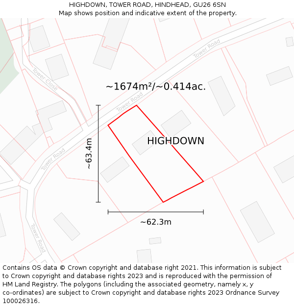 HIGHDOWN, TOWER ROAD, HINDHEAD, GU26 6SN: Plot and title map