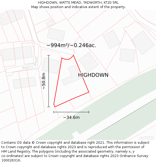HIGHDOWN, WATTS MEAD, TADWORTH, KT20 5RL: Plot and title map