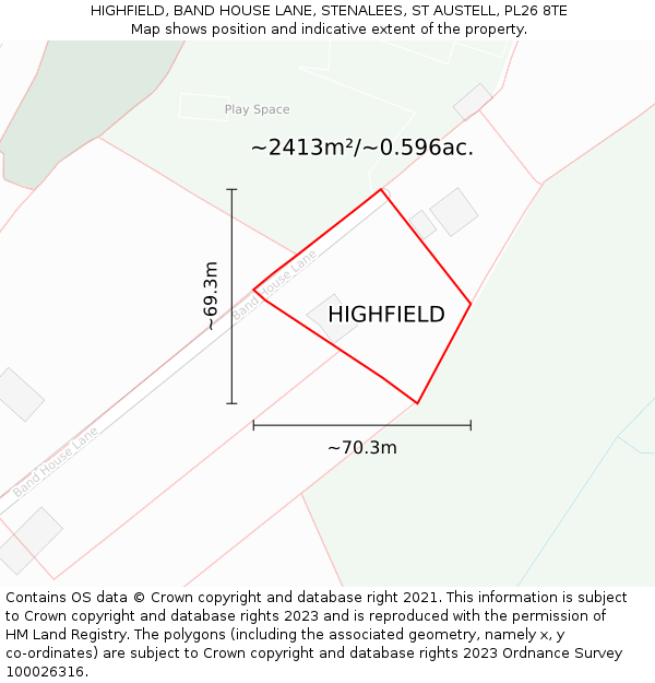 HIGHFIELD, BAND HOUSE LANE, STENALEES, ST AUSTELL, PL26 8TE: Plot and title map