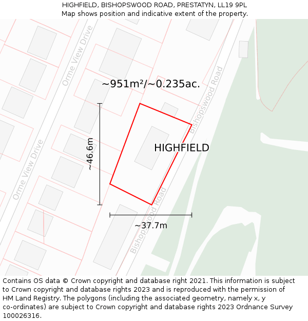 HIGHFIELD, BISHOPSWOOD ROAD, PRESTATYN, LL19 9PL: Plot and title map