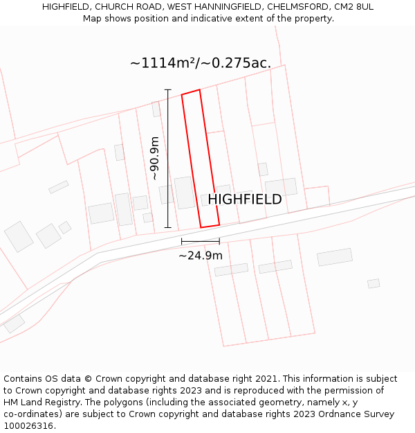 HIGHFIELD, CHURCH ROAD, WEST HANNINGFIELD, CHELMSFORD, CM2 8UL: Plot and title map