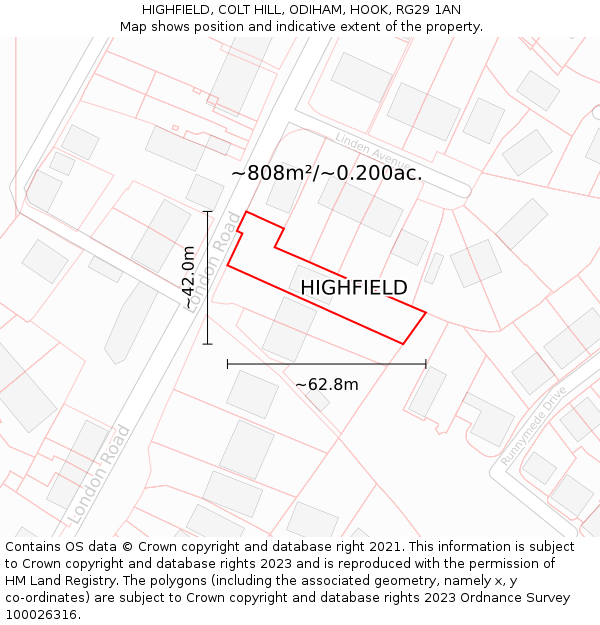 HIGHFIELD, COLT HILL, ODIHAM, HOOK, RG29 1AN: Plot and title map