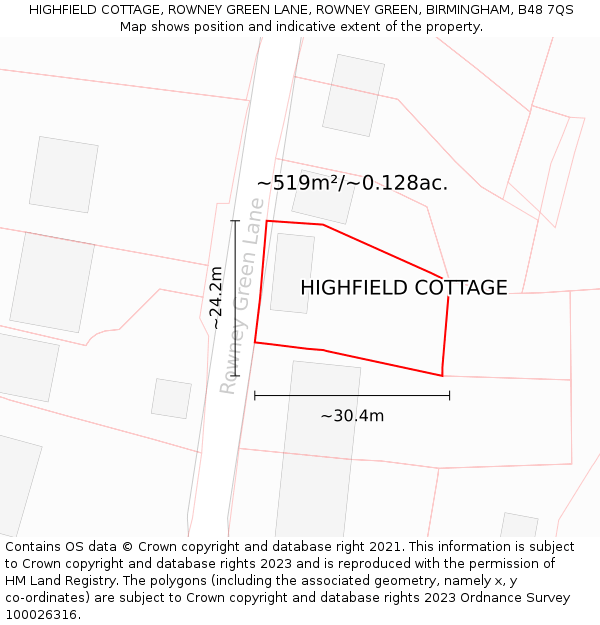 HIGHFIELD COTTAGE, ROWNEY GREEN LANE, ROWNEY GREEN, BIRMINGHAM, B48 7QS: Plot and title map