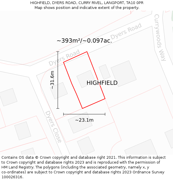 HIGHFIELD, DYERS ROAD, CURRY RIVEL, LANGPORT, TA10 0PR: Plot and title map