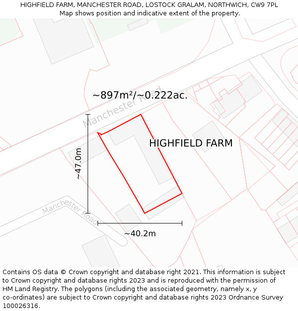 HIGHFIELD FARM, MANCHESTER ROAD, LOSTOCK GRALAM, NORTHWICH, CW9 7PL: Plot and title map