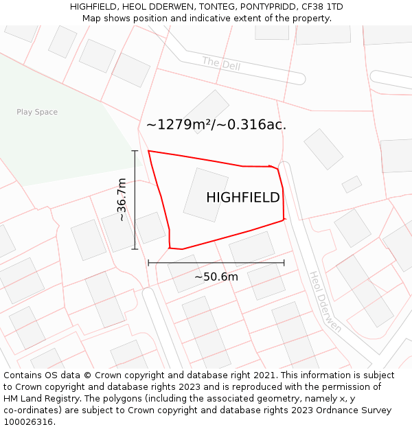 HIGHFIELD, HEOL DDERWEN, TONTEG, PONTYPRIDD, CF38 1TD: Plot and title map