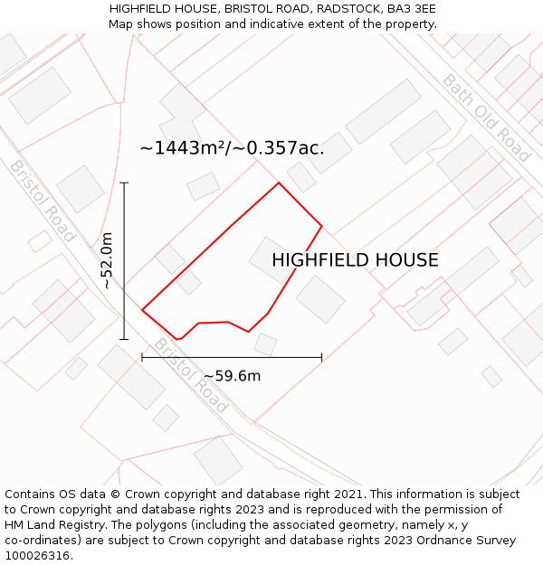 HIGHFIELD HOUSE, BRISTOL ROAD, RADSTOCK, BA3 3EE: Plot and title map