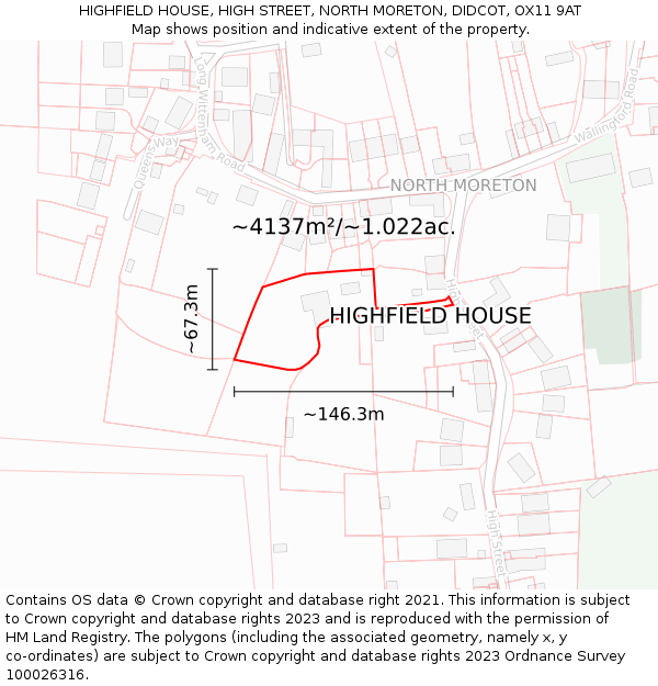 HIGHFIELD HOUSE, HIGH STREET, NORTH MORETON, DIDCOT, OX11 9AT: Plot and title map