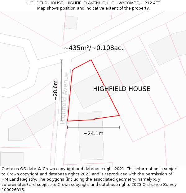 HIGHFIELD HOUSE, HIGHFIELD AVENUE, HIGH WYCOMBE, HP12 4ET: Plot and title map