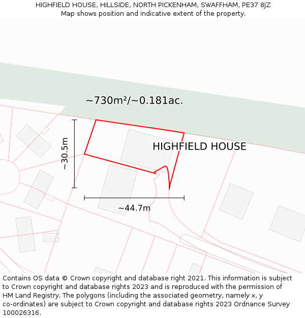 HIGHFIELD HOUSE, HILLSIDE, NORTH PICKENHAM, SWAFFHAM, PE37 8JZ: Plot and title map