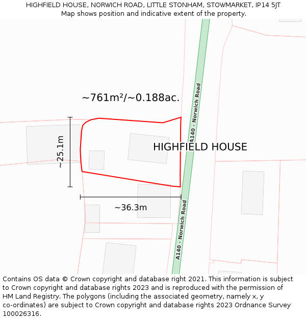 HIGHFIELD HOUSE, NORWICH ROAD, LITTLE STONHAM, STOWMARKET, IP14 5JT: Plot and title map